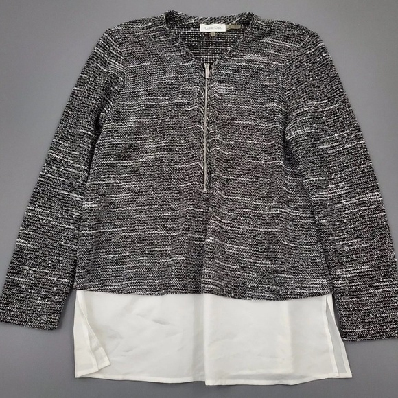 Calvin Klein Black White Tunic Top Logo Zipper Silver Accent Tiered Layer Sz 0X - Picture 2 of 15